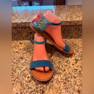 Miss Albright Beaded Embroidered Sandals Teal Leather Ankle Strap Boho 10